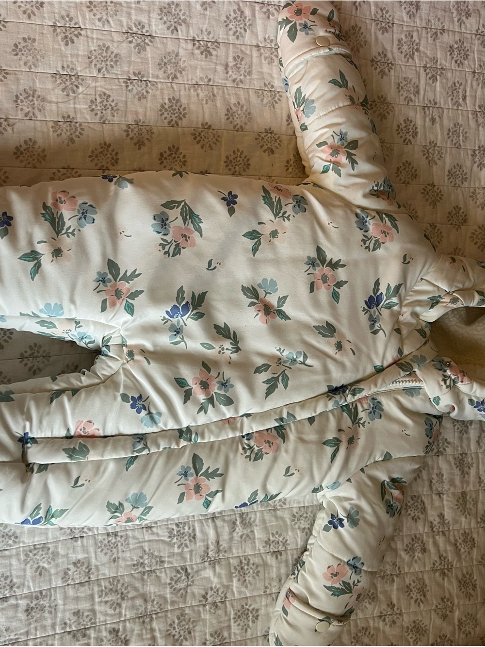 Floral Quilted Baby Snow Suit - Cream with Pink & Blue Flowers
